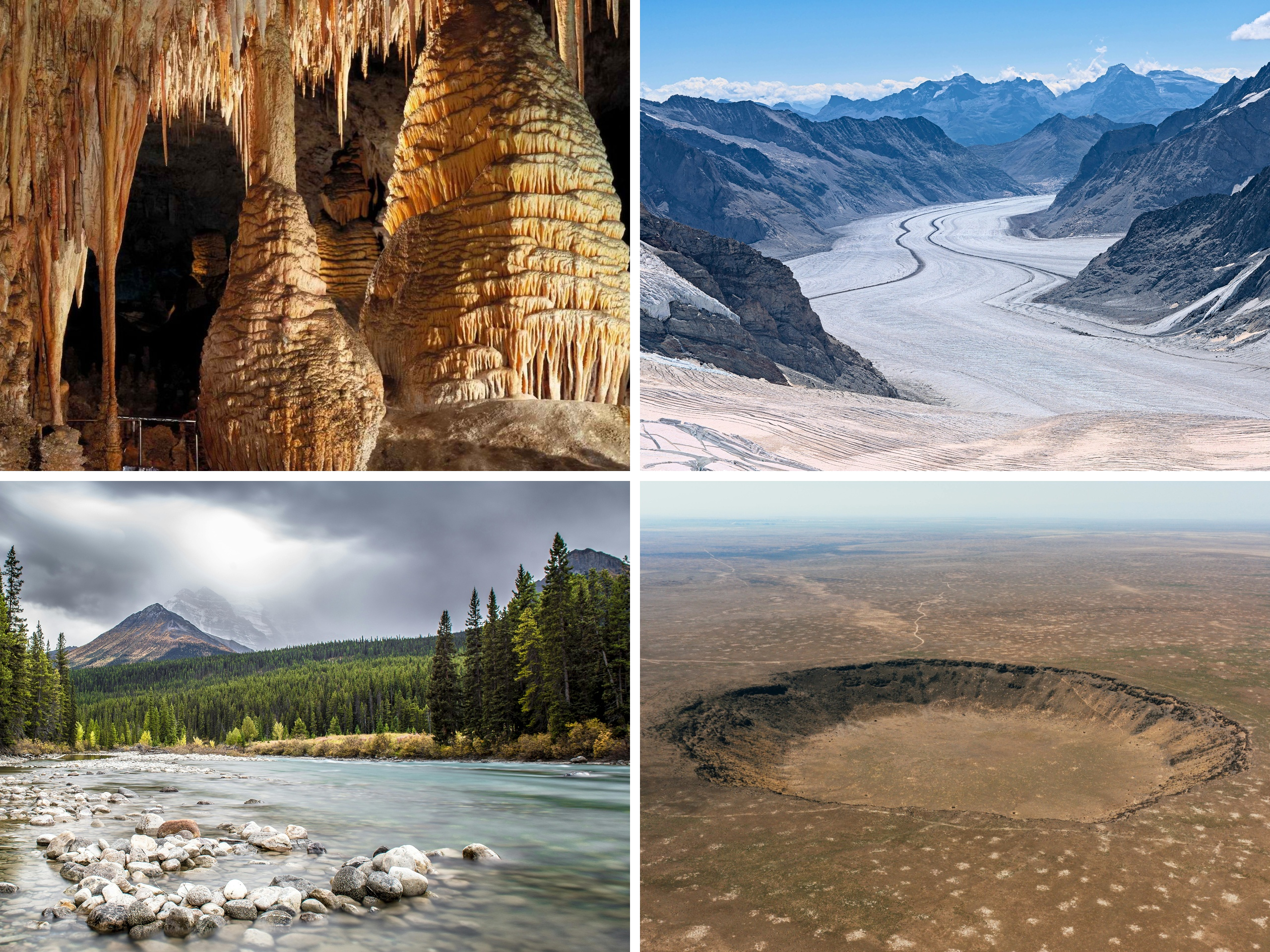 Deze foto toont 4 verschillende exogene processen, namelijk verwering, erosie, sedimentatie en een meteorietinslag.