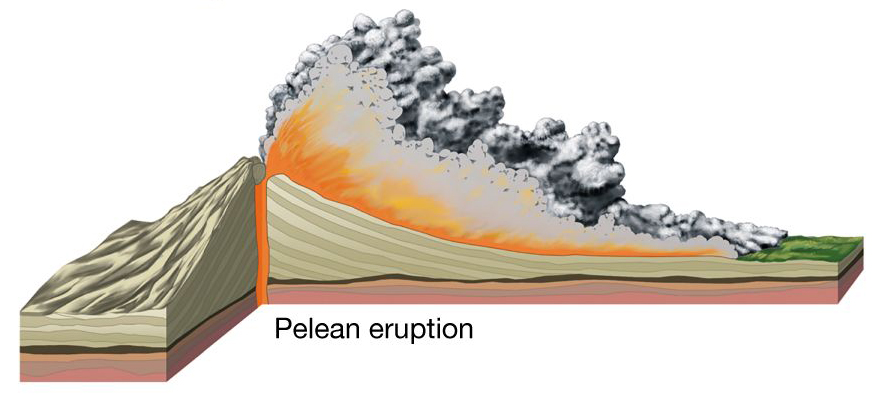 Vulkaanuitbarsting van het Pelée-eruptie type. Peléeaanse eruptie zijn een explosief en krachtig eruptietype. Erupties vinden plaats als één grote explosie in plaats van meerdere kleinere. Ze worden gekenmerkt door het ontstaan van pyroclastische stromen en lavakoepels. De pyroclastische stromen dalen met grote snelheid van de vulkaanhellingen af en maken vulkaanuitbarstingen van dit type tot één van de gevaarlijkste ter wereld. Daarnaast kan er een eruptiekolom van as en gas ontstaan die tot meerdere kilometers hoog kan reiken. Dit eruptietype kan voorkomen bij stratovulkanen met visceuze magma.