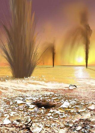 Illustratieve impressie van hoe fonteinachtige uitbarstingen van geisers op Mars eruit kunnen zien