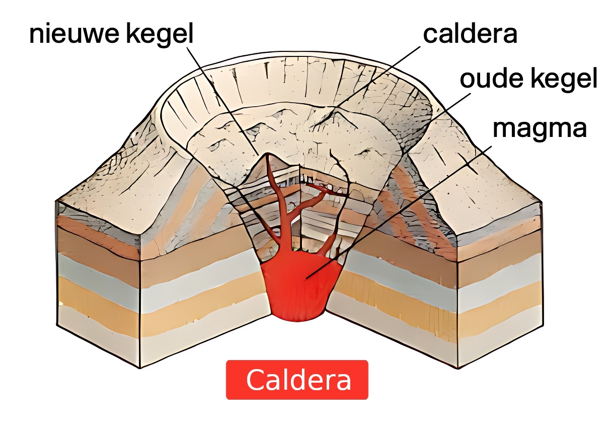 Illustratieve weergave van een caldera in dwarsdoorsnede. Centraal in de afbeelding is een magmakamer te zien. De top van de vulkaan is niet meer intact maar is ingezakt en bestaat nu uit een caldera. In en rond de caldera kunnen zich jongere vulkaankegels vormen als gevolg van nieuwe vulkaanuitbarstingen.