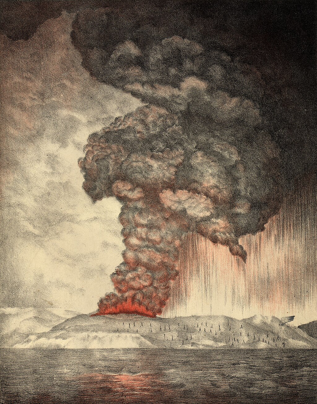 Illustratie uit 1888 van de eruptie van Krakatau in 1883.