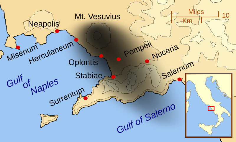 Kaart van de omgeving van Mount Vesuvius ten tijde van de eruptie in 79. De zwarte wolk stelt de verspreiding van as voor.