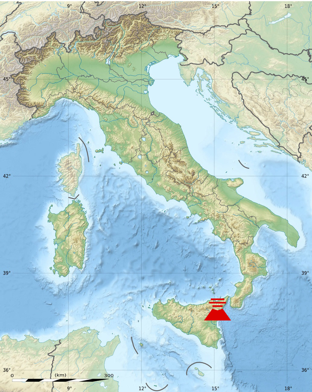 Kaart van Italië, die de ligging van vulkaan Etna toont. De rode vulkaan aan de oostkust van het eiland Sicilië stelt de locatie van vulkaan Etna voor.