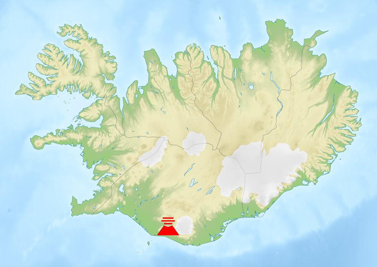 Kaart van IJsland, die de ligging van de vulkaan Eyjafjallajökull toont. De rode vulkaan aan de zuidkust van IJsland stelt de locatie van vulkaan Eyjafjallajökull voor.