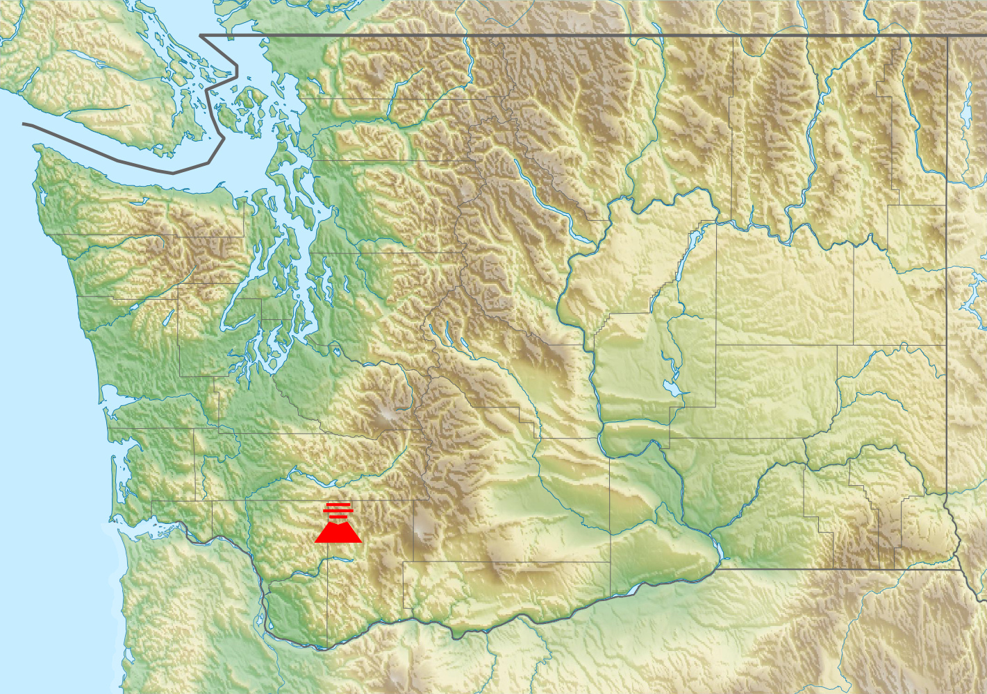Kaart van Washington (staat), Verenigde Staten, die de ligging van vulkaan Mount Saint Helens toont. De rode vulkaan, onderdeel van het Cascade Vulkanische Boog in het westen van Noord-Amerika stelt de locatie van vulkaan Mount Saint Helens voor.