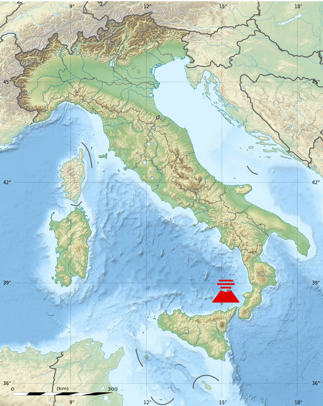 Kaart van Italië, die de ligging van vulkaan Stromboli toont. De rode vulkaan ten noordoosten van het eiland Sicilië stelt de locatie van vulkaan Stromboli voor. Dat onderdeel is van de Eolische Eilanden, een vulkanische archipel in de Tyrreense Zee.