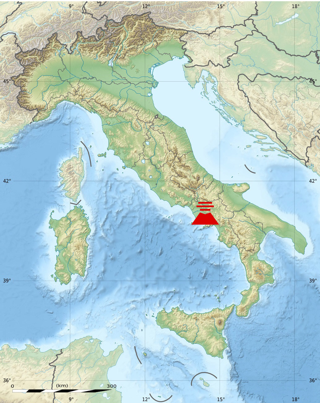 Kaart van Italië, die de ligging van vulkaan Vesuvius toont. De rode vulkaan aan de westkust van Italië ten zuidoosten van Napels stelt de locatie van vulkaan Vesuvius voor.