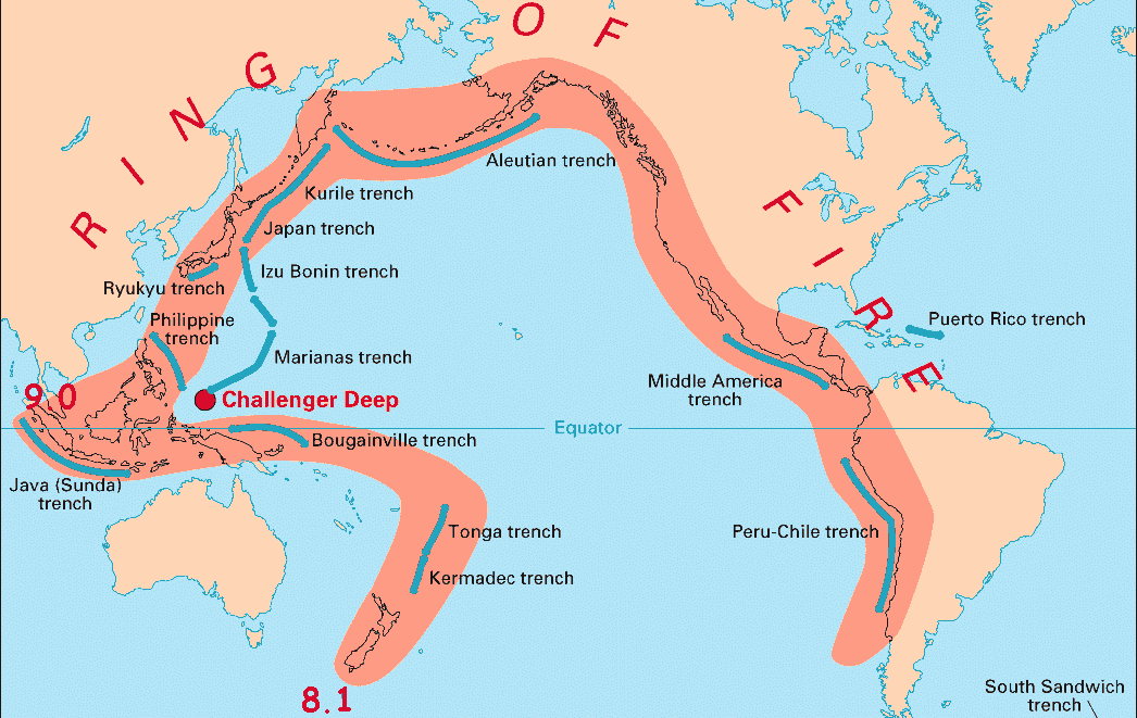 Ring van Vuur (het donkerroze gearceerde gebied): gebied rondom de Grote Oceaan waar veel vulkanen en aardbevingen voorkomen, veroorzaakt door diverse subductiezones van tektonische platen. De Ring van Vuur loopt van Nieuw Zeeland naar Indonesië, de Filipijnen, Japan, Alaska en de westkust van Canada, de Verenigde Staten, Mexico, Midden-Amerika en Zuid-Amerika. De totale lengte van de Ring van Vuur is ongeveer 40.000 km.