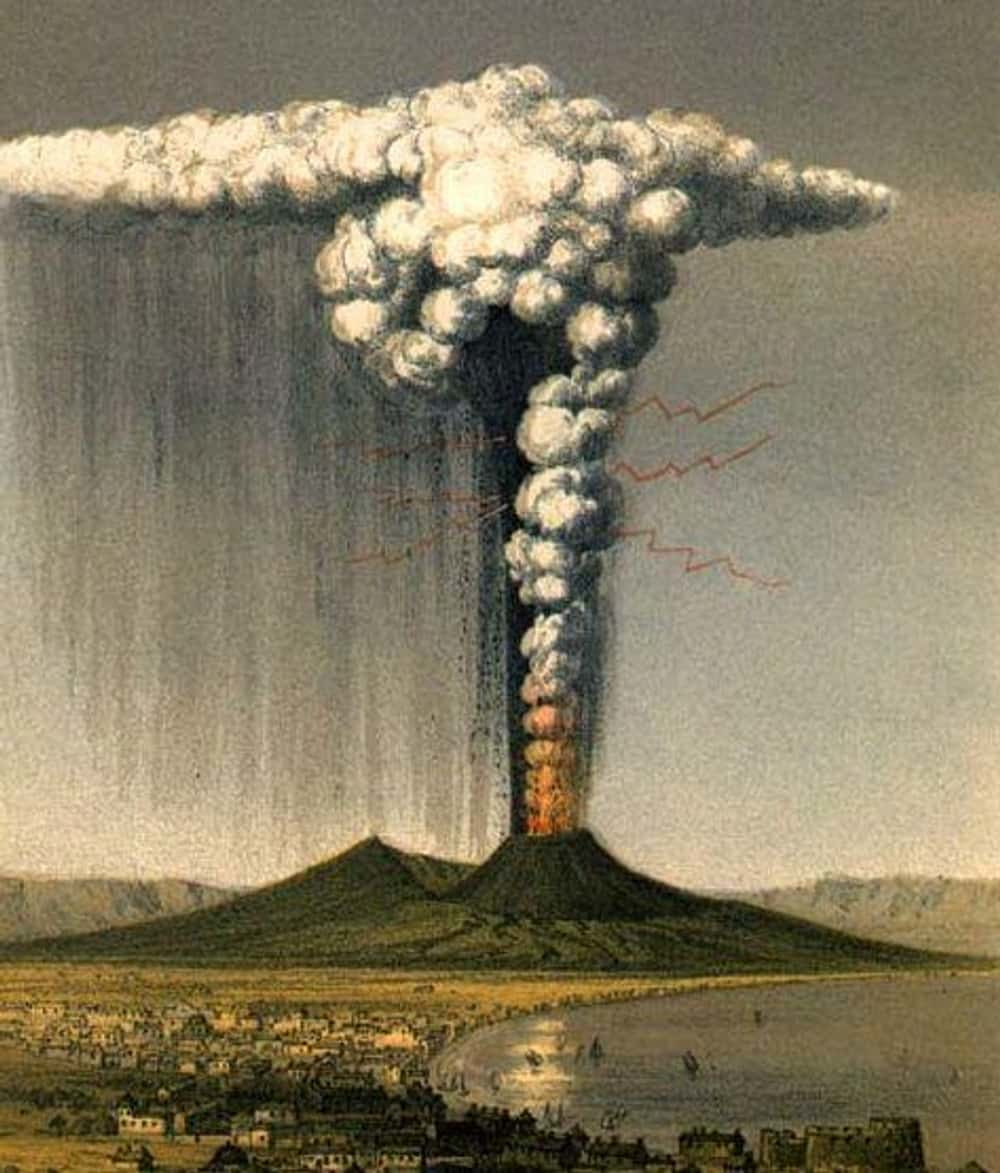 Schilderij van de eruptie van Mount Vesuvius in 1822, gezien vanuit Napels. De eruptiekolom kwam ongeveer 14 km hoog.