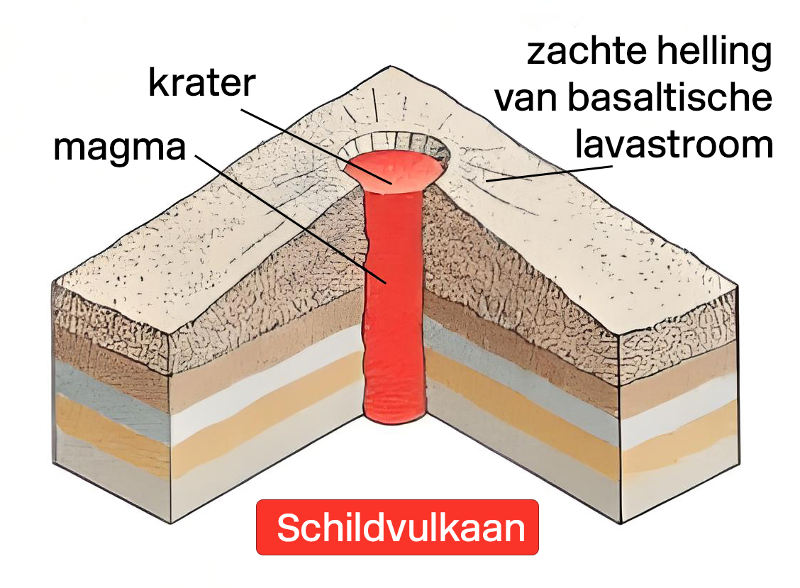 Illustratie toont dwarsdoorsnede van een schildvulkaan. Centraal zien we een kraterpijp gevuld met magma. Een zachte helling vormt zich door de basaltische samenstelling van de lavastroom.