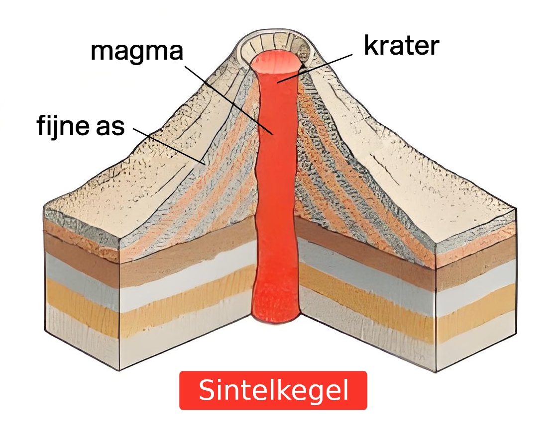 Illustratie van een dwarsdoorsnede van een sintelkegel. Sintelkegels ontstaan als er geen grote lavastromen uit de vulkaan komen, maar enkel vulkanische as en vulkanisch gesteente. Zo vormt zich een vulkaan met zeer steile hellingen (steiler dan die van de stratovulkaan).