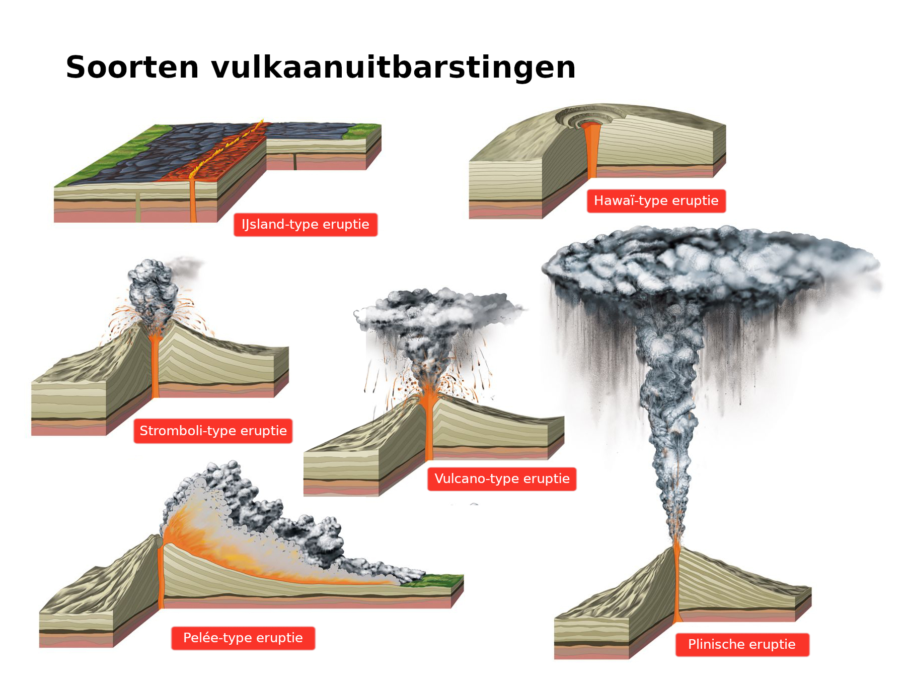 Illustratie toont de verschillende soorten vulkaanuitbarstingen: IJsland-type eruptie, Hawaï-type eruptie, Stromboli-type eruptie, Vulcano-type eruptie, Pelée-type eruptie en Plinische eruptie.
