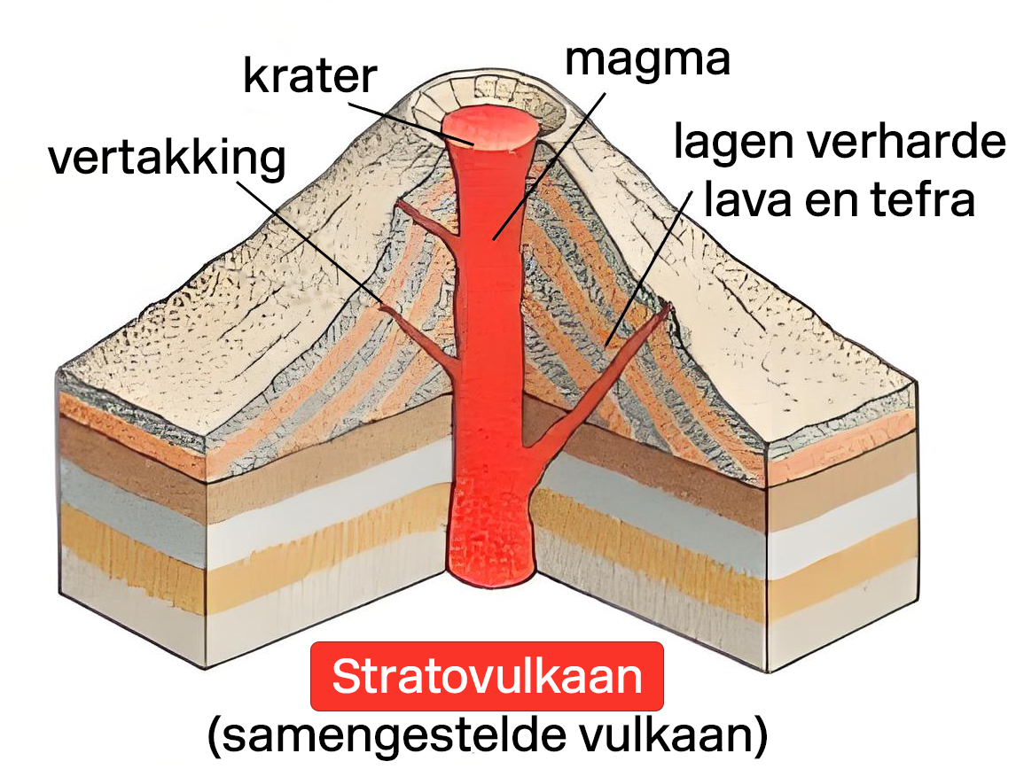 Illustratieve weergave van de dwarsdoorsnede een stratovulkaan (ofwel samengestelde vulkaan). Centraal in dit model bevindt zich een kraterpijp met vertakkingen van de kraterpijp die zijn gevuld met magma. De stijlere helling van dit type vulkaan vormt zich door de samenstelling van de lavastroom. Diverse vulkaanuitbarstingen over de tijd heen vormen lagen met lava en as, welke uiteindelijk leiden tot de vorming van deze stratovulkaan.