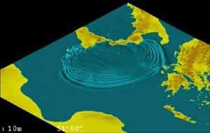 Deze afbeelding toont een computermodel van de verspreiding van een tsunami veroorzaakt door Mount Etna, 51 minuten na de start van de aardverschuiving, zo'n 7.000 tot 8.000 jaar geleden.