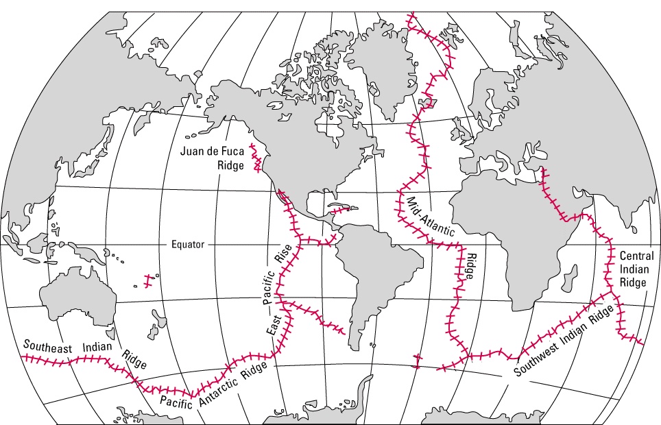 Wereldkaart die de verspreiding van Mid-oceanische ruggen over de wereld toont.