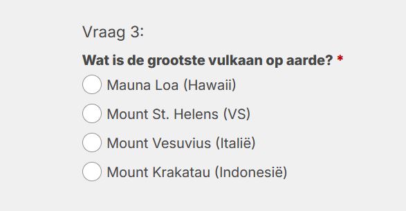 Screenshot van de vulkanen quiz op Vulkanisme.nl. De screenshot toont een quizvraag met daaronder 4 meerkeuze opties.