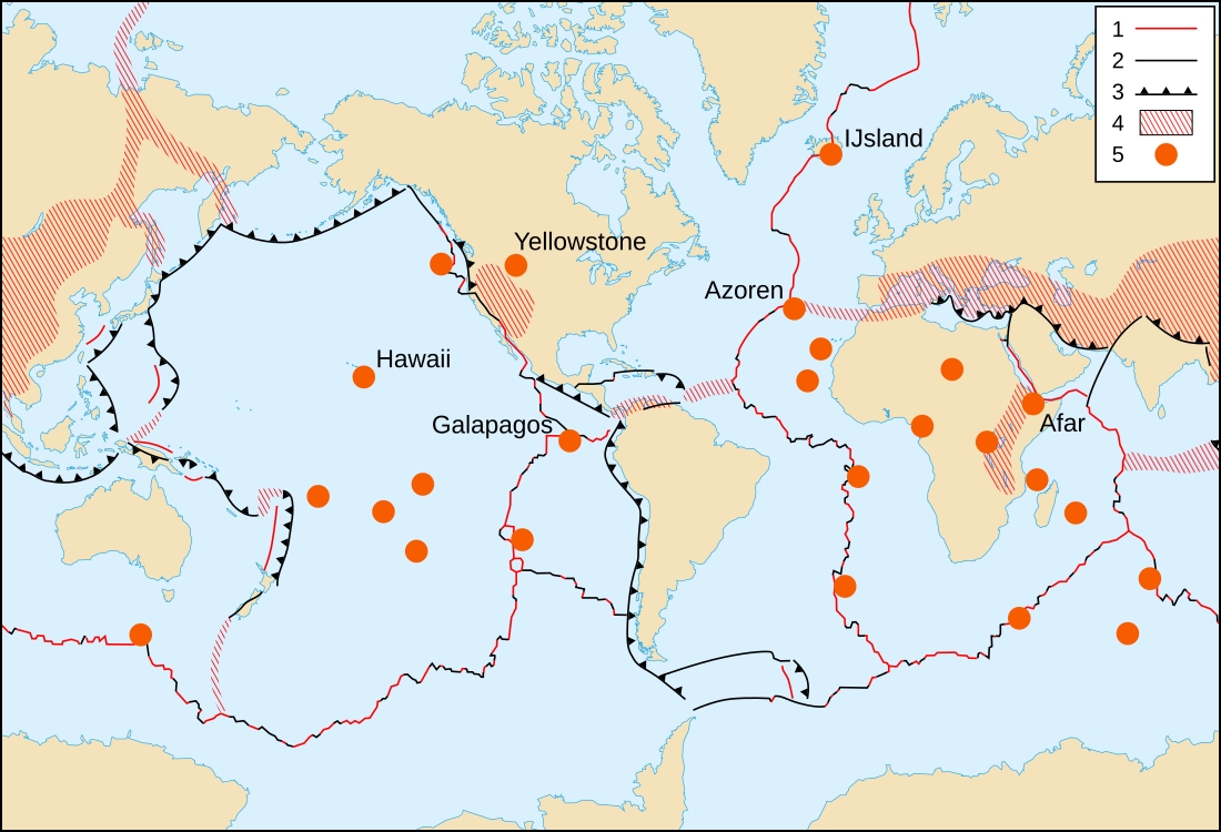 Wereldkaart van waar op aarde hotspots voorkomen. De rode stippen tonen de locaties van bekende hotspots. 1. - divergente plaatgrens; 2 - transforme plaatgrens; 3 - convergente plaatgrens; 4 - diffuse plaatgrens (orogene gordel); 5 - enkele prominente hotspots.